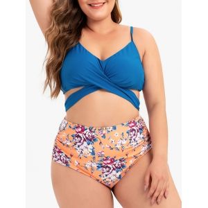 

Plus Size Floral Ruched Knot Bikini Swimsuit, Blue