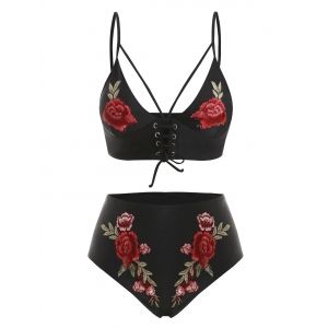 

Harness Lace Up Floral Embroidered Plus Size Bikini Swimsuit, Black