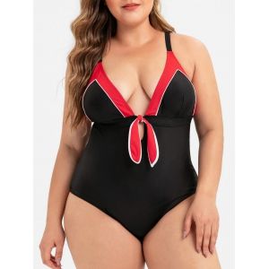 

Plus Size Knot Piping One-piece Swimsuit, Black