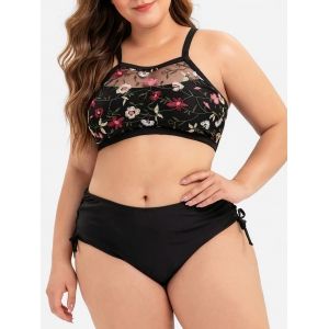 

Plus Size Floral Embroidered Mesh Overlay Lace-up Bikini Swimsuit, Black