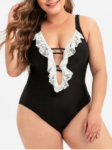 Laddering Cut Out Lace Panel Plus Size One-piece Swimsuit