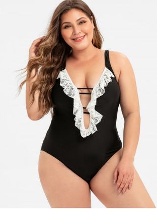 Laddering Cut Out Lace Panel Plus Size One-piece Swimsuit