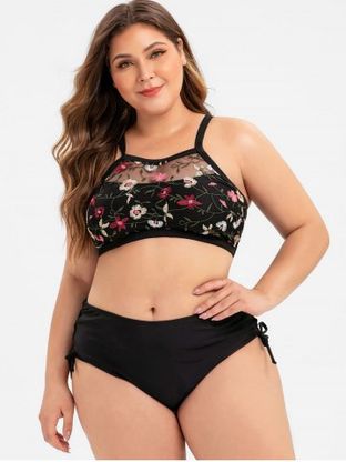 Plus Size Floral Embroidered Mesh Overlay Lace-up Bikini Swimsuit