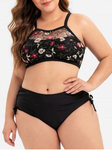 Plus Size Floral Embroidered Mesh Overlay Lace-up Bikini Swimsuit - BLACK - 5X