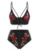 Harness Lace Up Rose Embroidered Plus Size Bikini Swimsuit -  