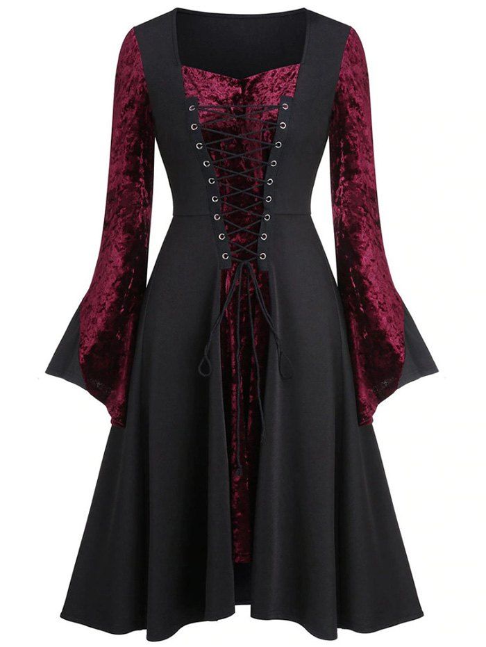 

Lace Up Velvet Panel Flare Sleeves Dress, Red wine