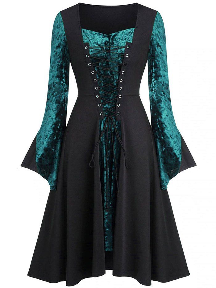 

Lace Up Velvet Panel Flare Sleeves Dress, Dark turquoise