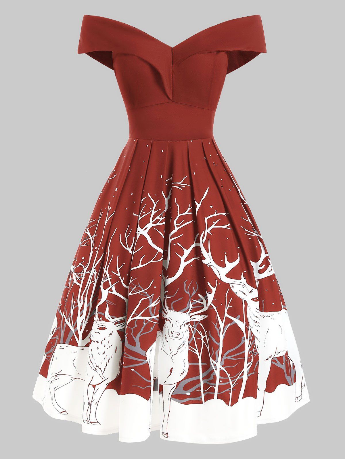 

Folded Off Shoulder Christmas Santa Claus Musical Note Dress, Red wine