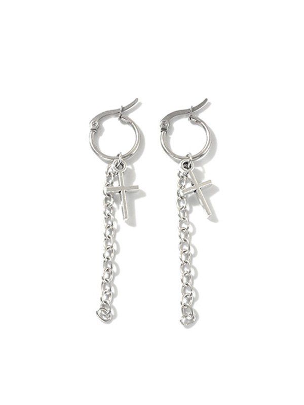 

Chain Cross Hoop Drop Earrings, Silver