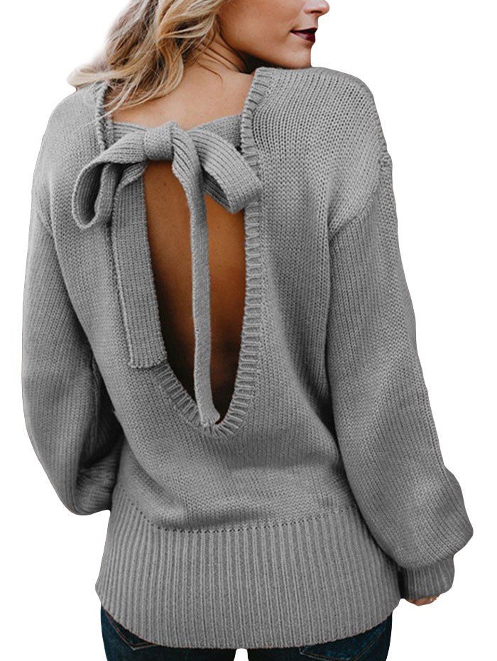 

Knotted Back Solid Drop Shoulder Sweater, Gray