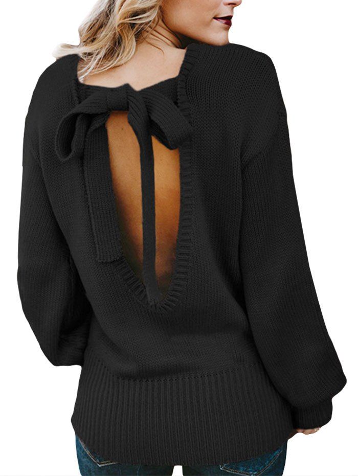 

Knotted Back Solid Drop Shoulder Sweater, Black