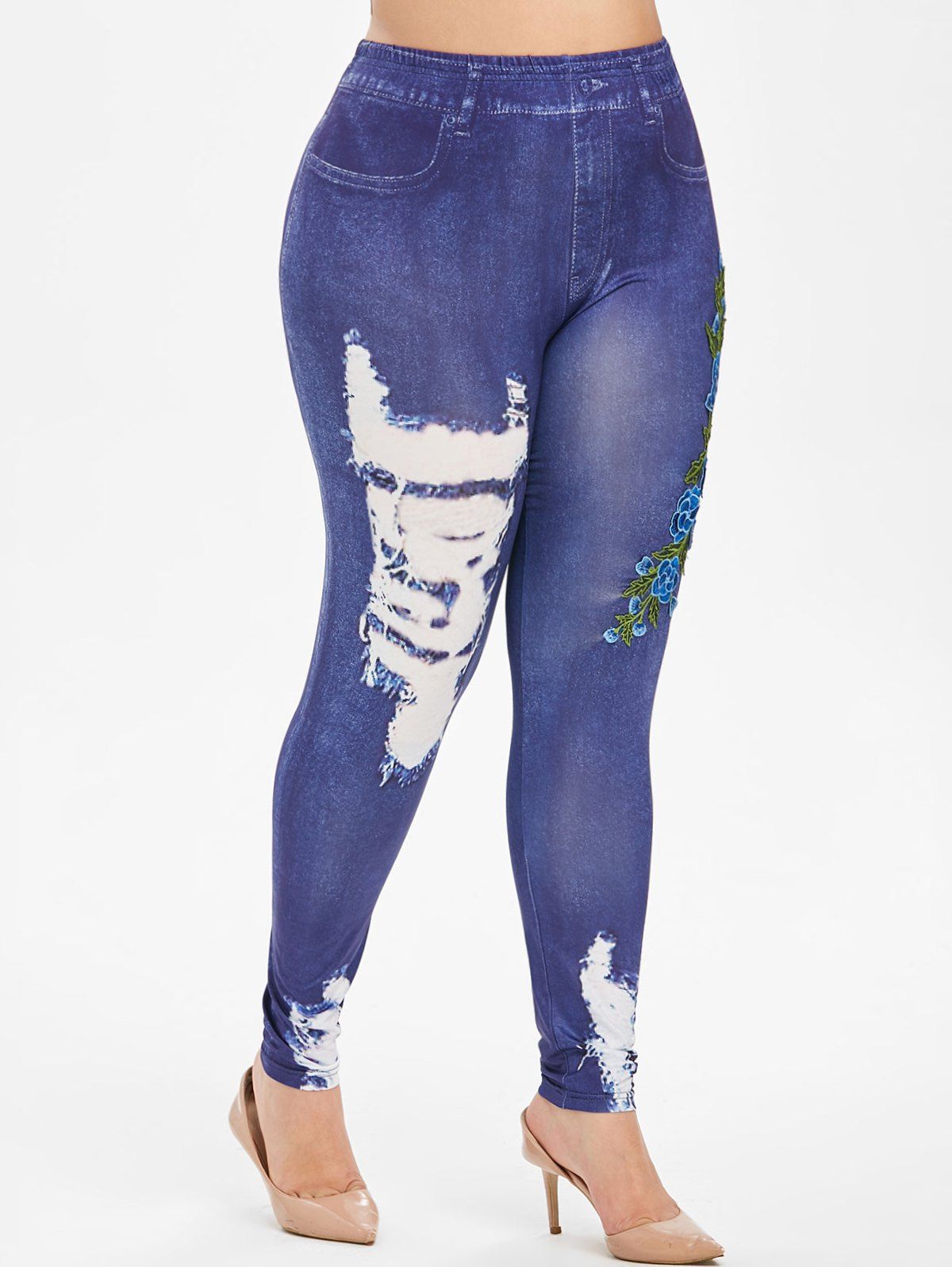 

Floral Embroidered Applique 3D High Waisted Plus Size Jeggings, Blue