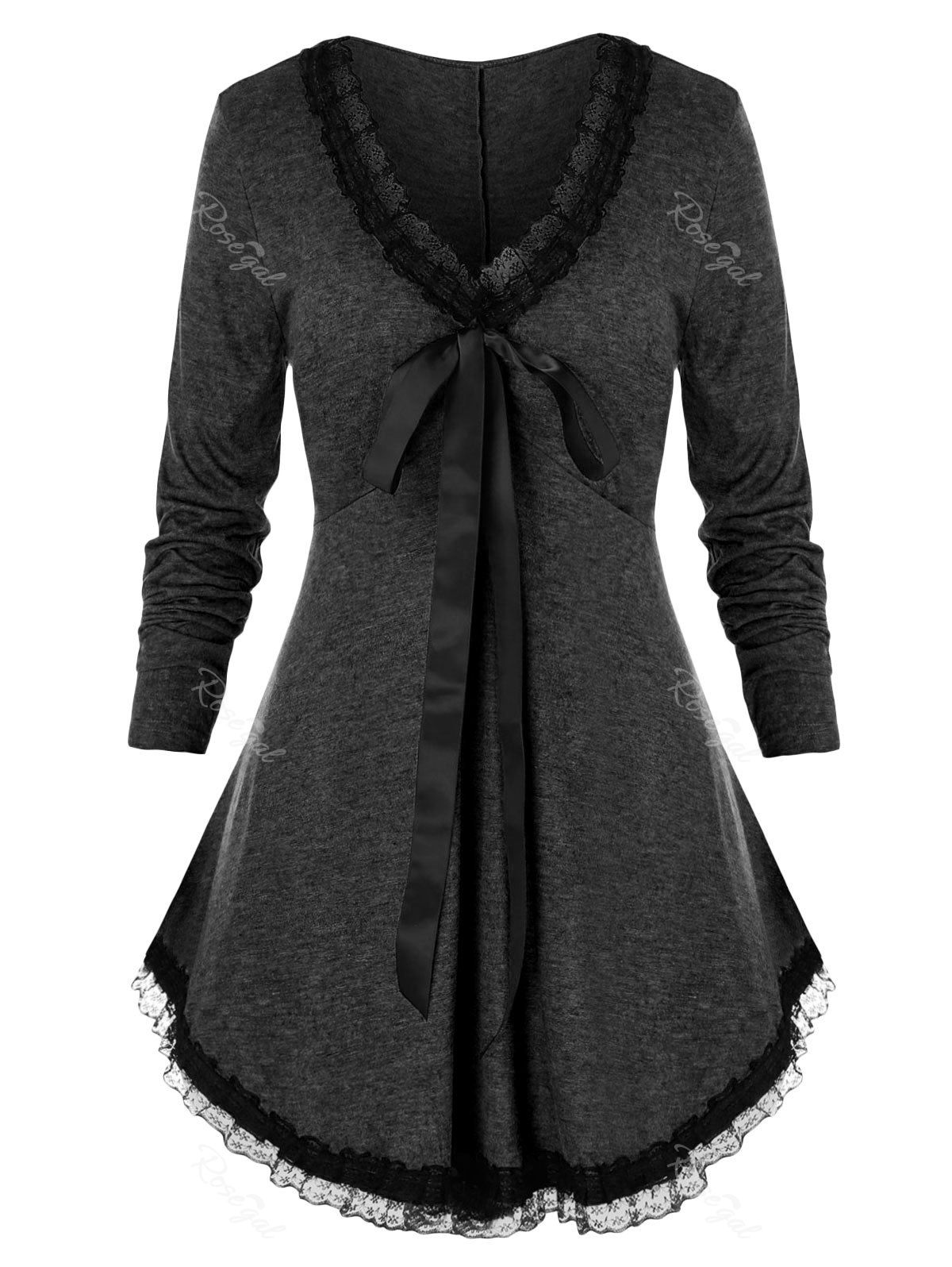 

Plus Size Plunge Lace Panel Trim Tie Curved Tunic Tee, Jet gray