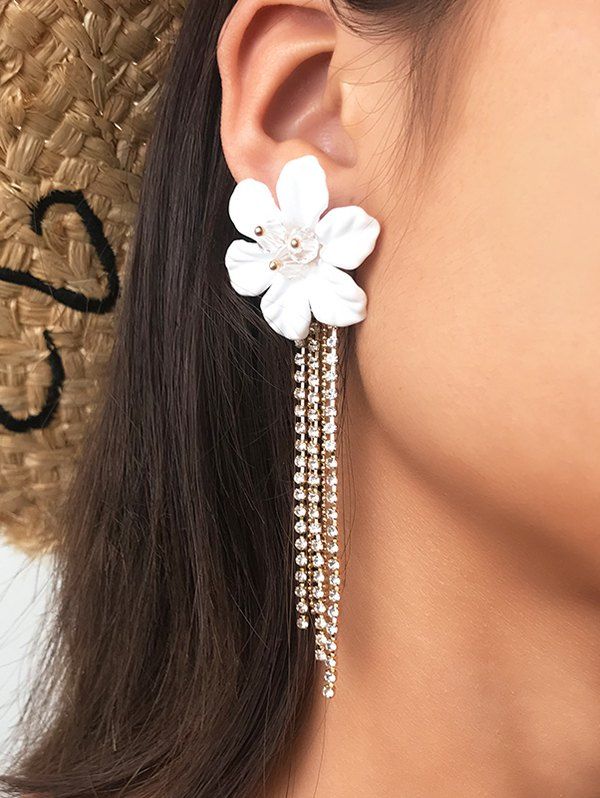 

Flower Rhinestone Tassel Long Drop Earrings, White