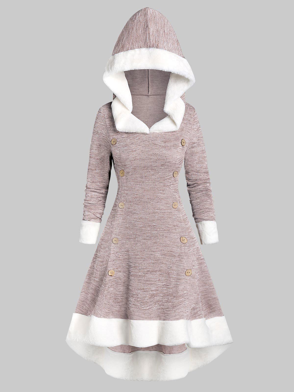

Faux Fur Insert Mock Button Hooded High Low Midi Dress, Brown sugar