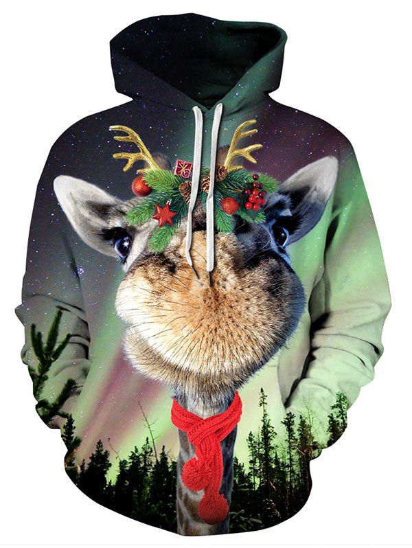 

Christmas 3D Animal Print Pocket Hoodie, Multi
