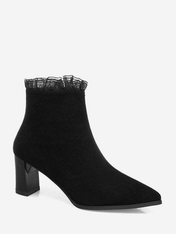 

Ruffled Hem Pointed Toe Mid Heel Boots, Black