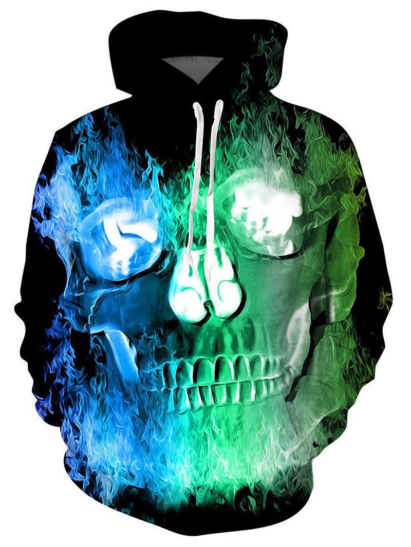 

Fire Skull Print Front Pocket Drawstring Hoodie, Multi