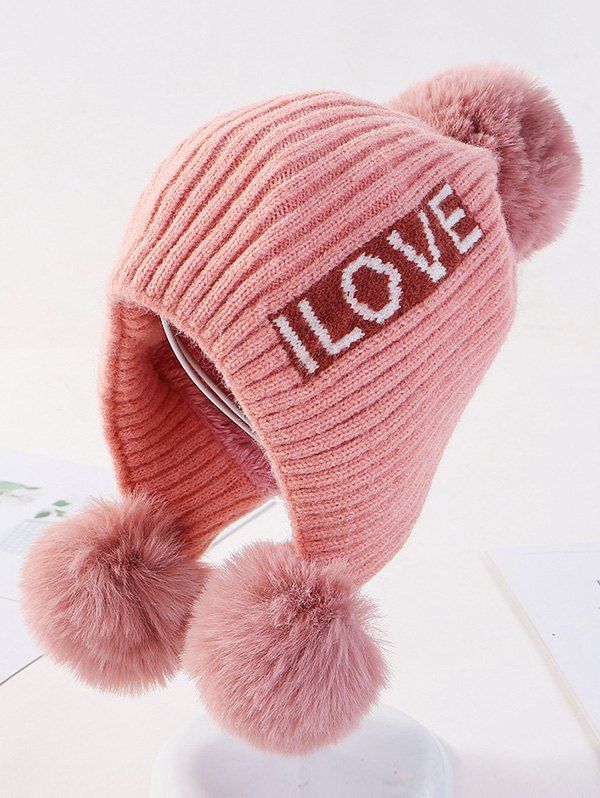 

Winter Letters Ear Bobble Pendant Knitted Hat, Pink