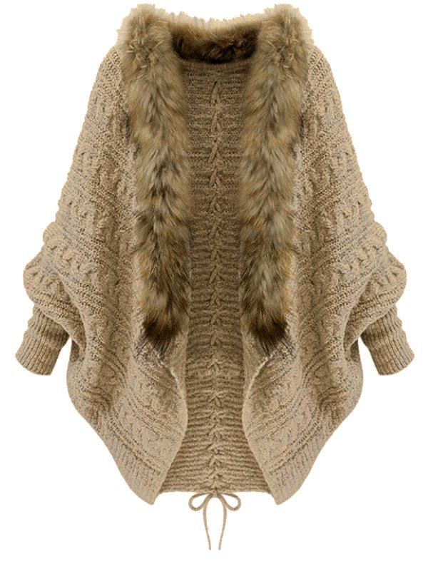 

Faux Fur Batwing Sleeve Open Front Cardigan, Camel brown