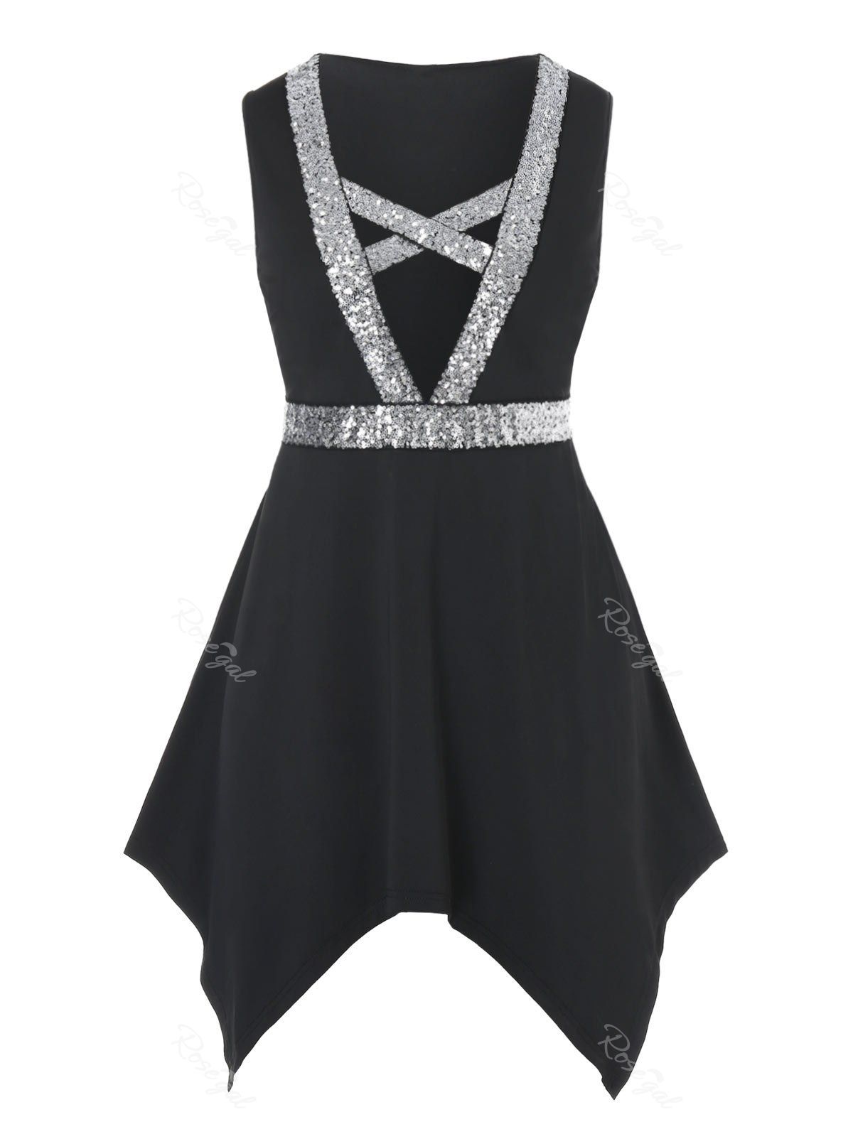 

Plus Size Low Cut Crisscross Sequin Handkerchief Tank Top, Black