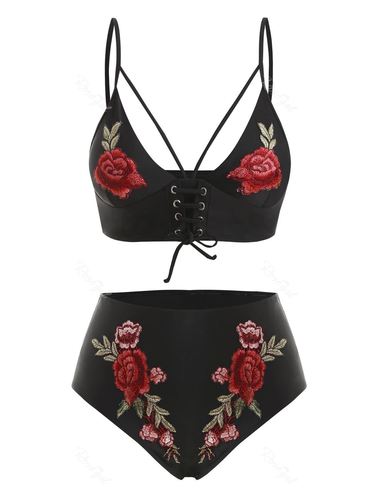 Best Harness Lace Up Rose Embroidered Plus Size Bikini Swimsuit  