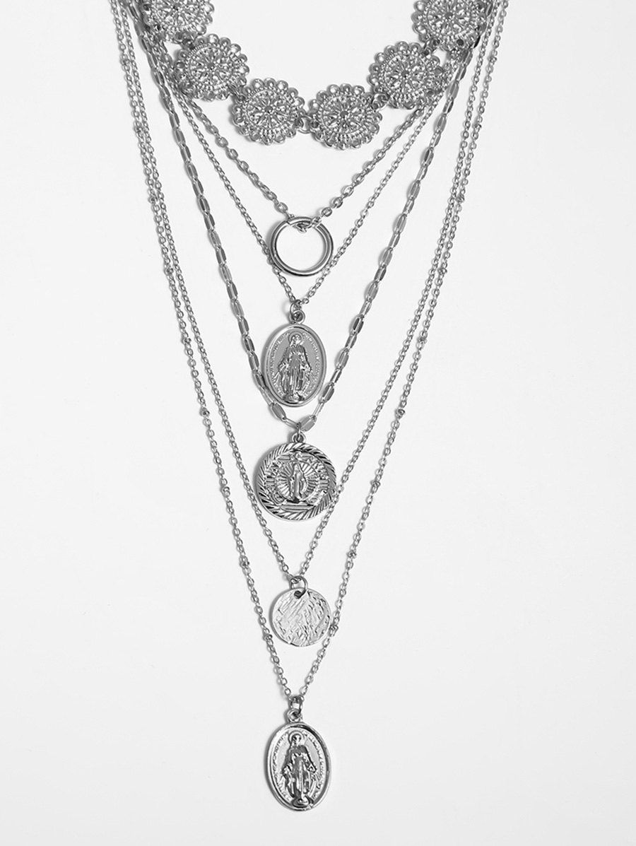 

Coin Pendant Hollow Flower Layered Necklace, Silver