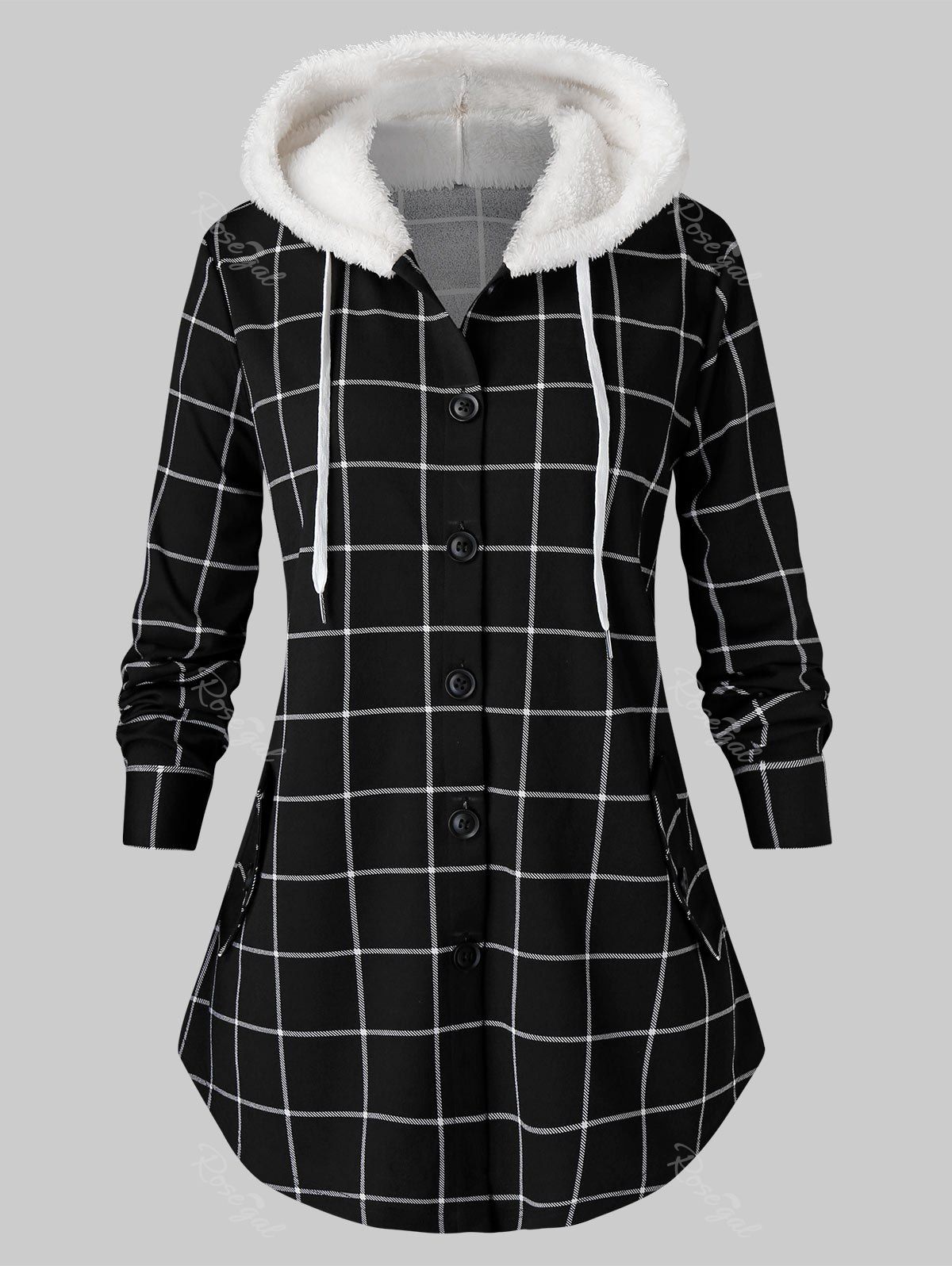 

Plus Size Plaid Fluffy Hooded Curved Tunic Coat, Black