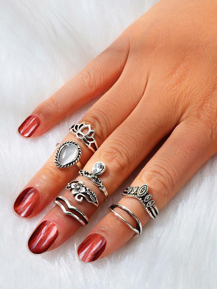 

Flower Drop Water Crown Ring Set, Silver