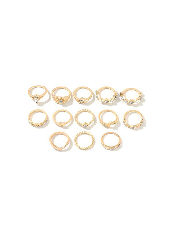 

13Pcs Hollow Teardrop Rhinestone Heart Ring Set, Gold