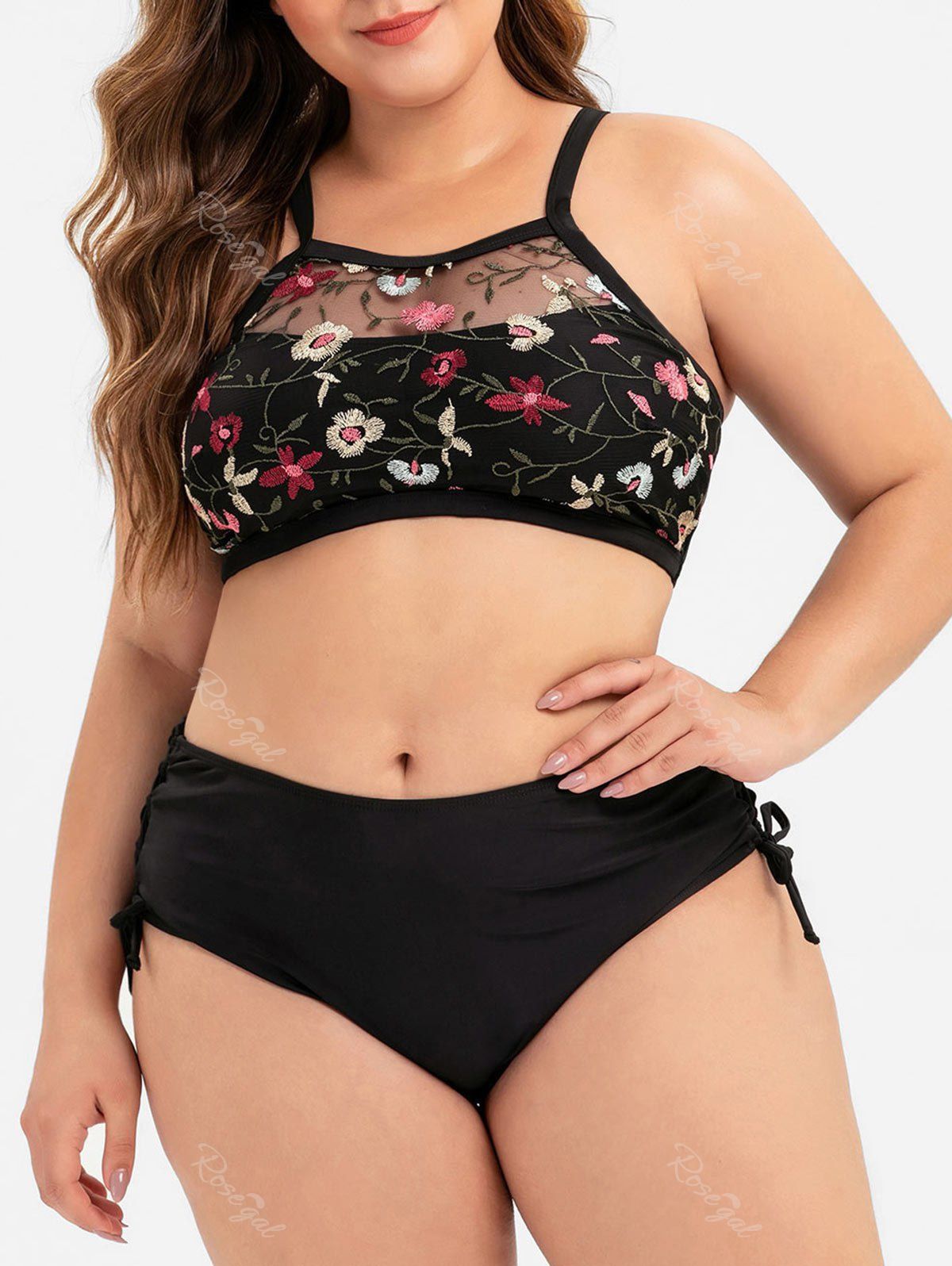Cheap Plus Size Floral Embroidered Mesh Overlay Lace-up Bikini Swimsuit  