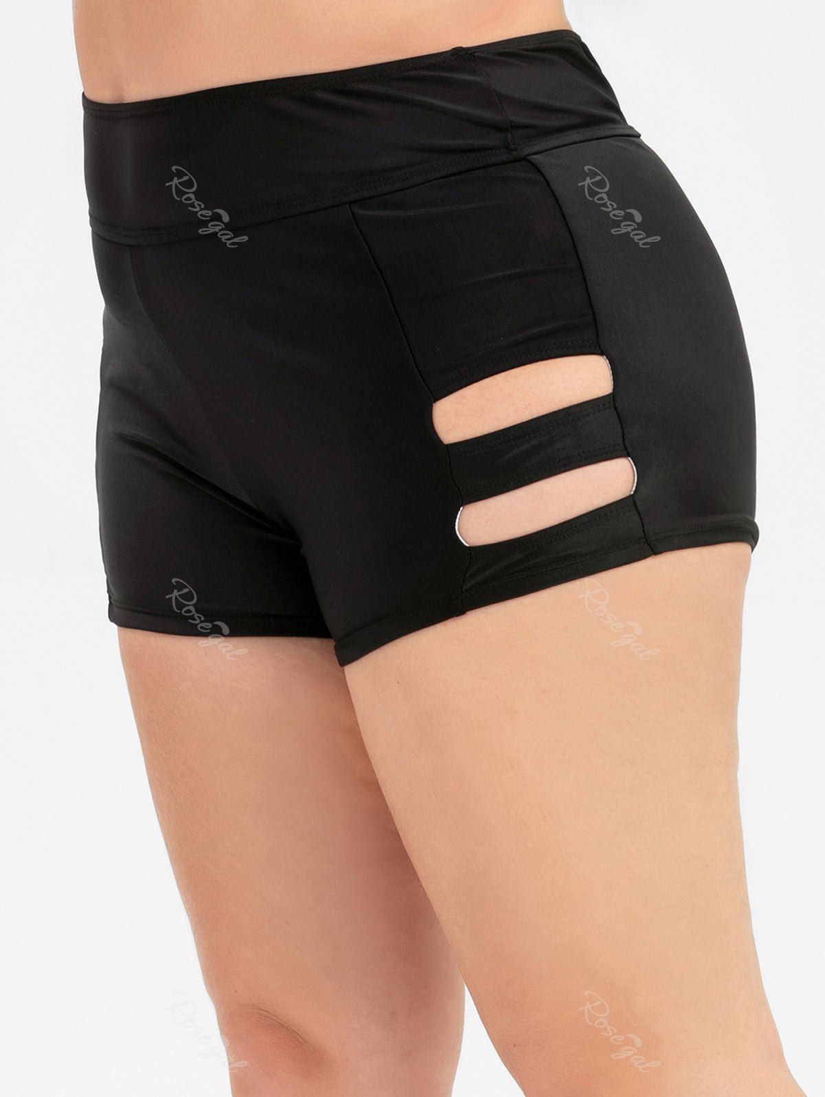 

High Waisted Laddering Cut Out Swim Plus Size Boyshorts, Black