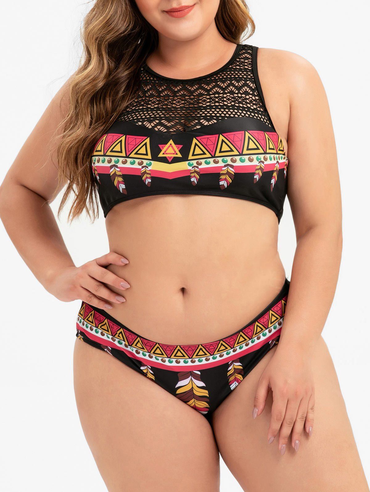 

Plus Size Feather Geometry Lace Panel Bikini Swimsuit, Black