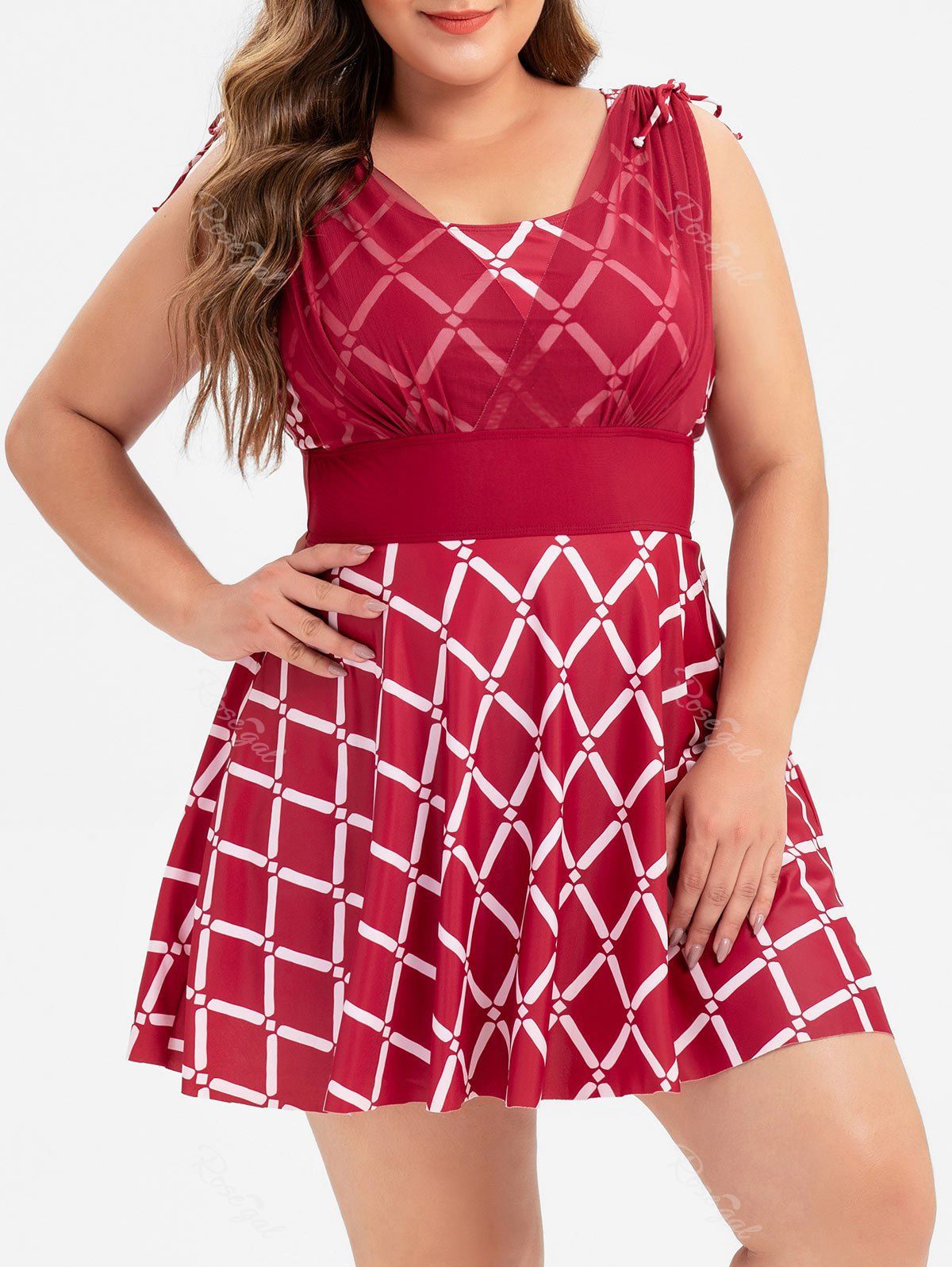 

Plus Size Argyle Print Cinched Skirted One-piece Swimsuit, Red wine