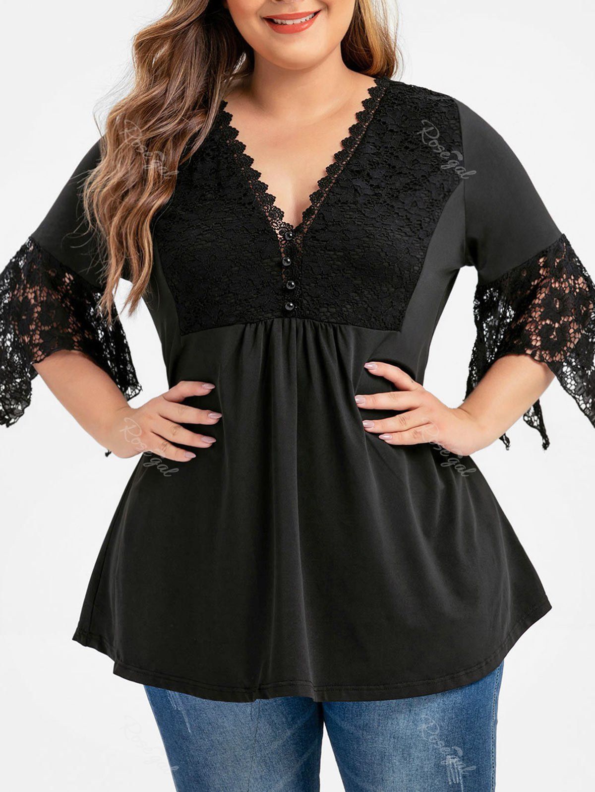 

Plus Size Floral Lace Panel V Collar Top, Black