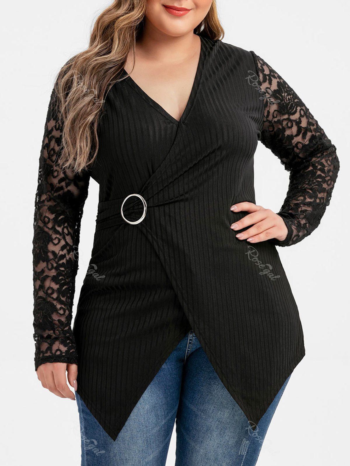

Plus Size Asymmetric Lace Sleeve O Ring T Shirt, Black