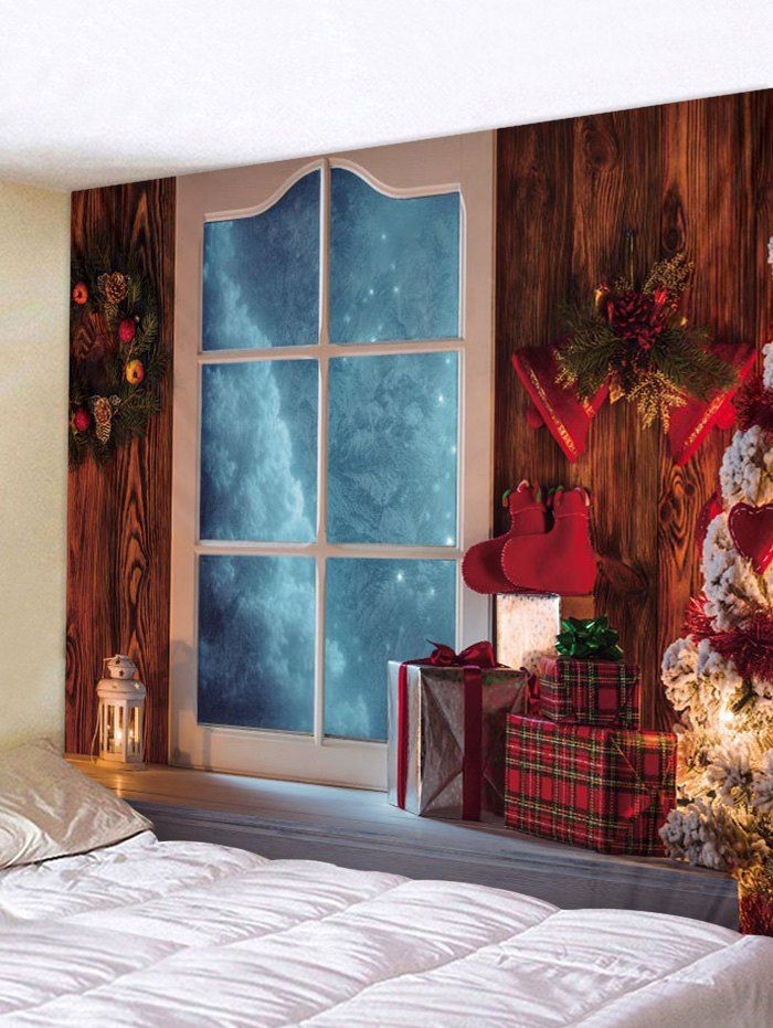 

Christmas Tree Gifts Window Print Tapestry Wall Hanging Art Decoration, Coffee