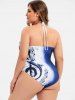 Halter Lace Trim Musical Note Printed Plus Size Swimsuit -  