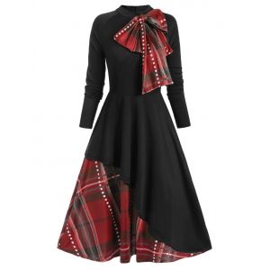 

Plaid Contrast Bowknot Flared Overlay Dress, Multi