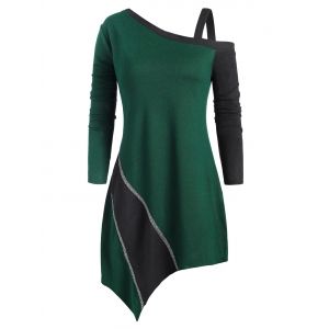 

Plus Size Asymmetric Cold Shoulder Colorblock Knitwear, Green