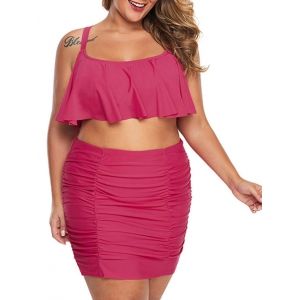 

Plus Size Flounce Ruched Skirted Bikini Swimsuit, Rose red