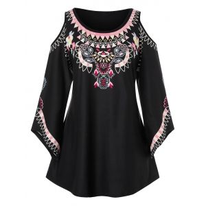 

Plus Size Tribal Print Open Shoulder T Shirt, Black