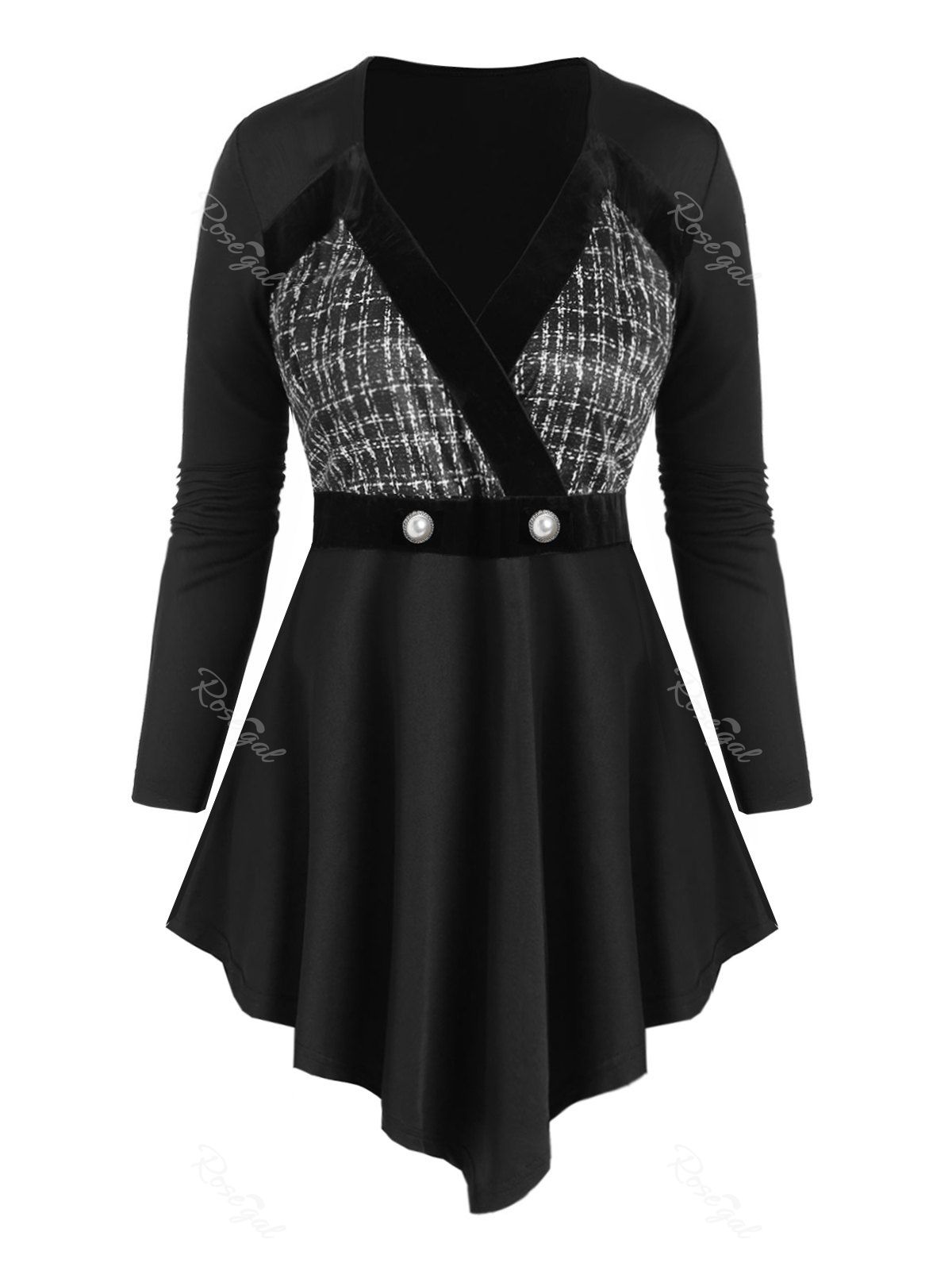 

Skirted Plaid Panel Pearly Buttoned Plus Size Top, Black