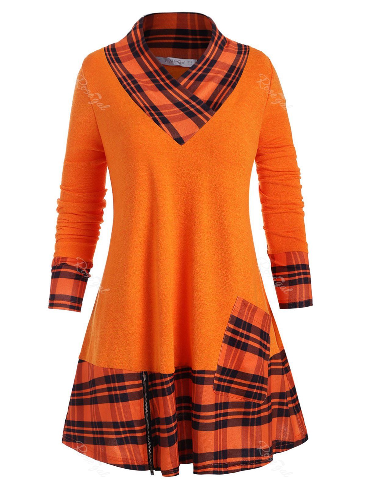 

Plus Size Pocket Flounce Plaid Knitwear, Orange
