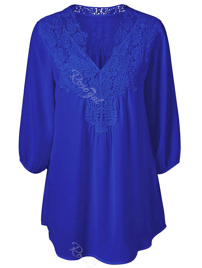 

V Neck Lace Panel Curved Hem Chiffon Plus Size Blouse, Blue