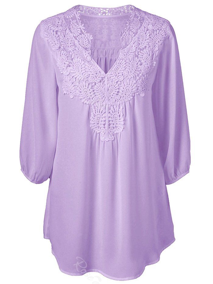 

V Neck Lace Panel Curved Hem Chiffon Plus Size Blouse, Mauve