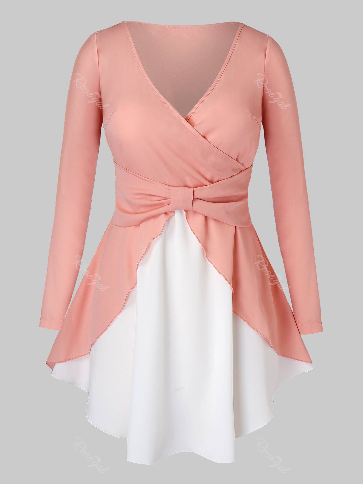 

Plus Size Colorblock Bowknot Surplice Blouse, Pink