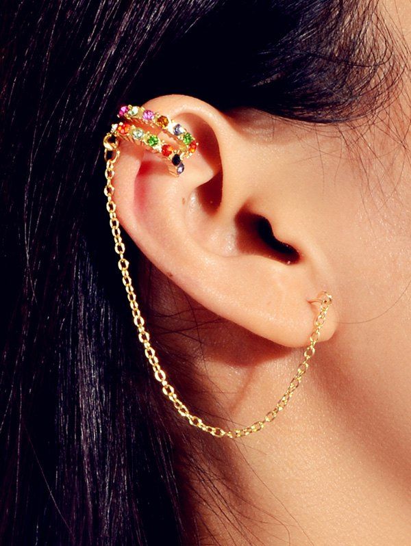 

Chain Colored Rhinestone Stud Ear Cuff, Gold