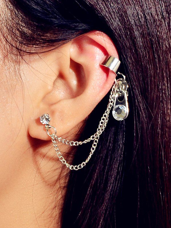 

Rhinestone Zipper Design Chain Ear Cuff, Silver