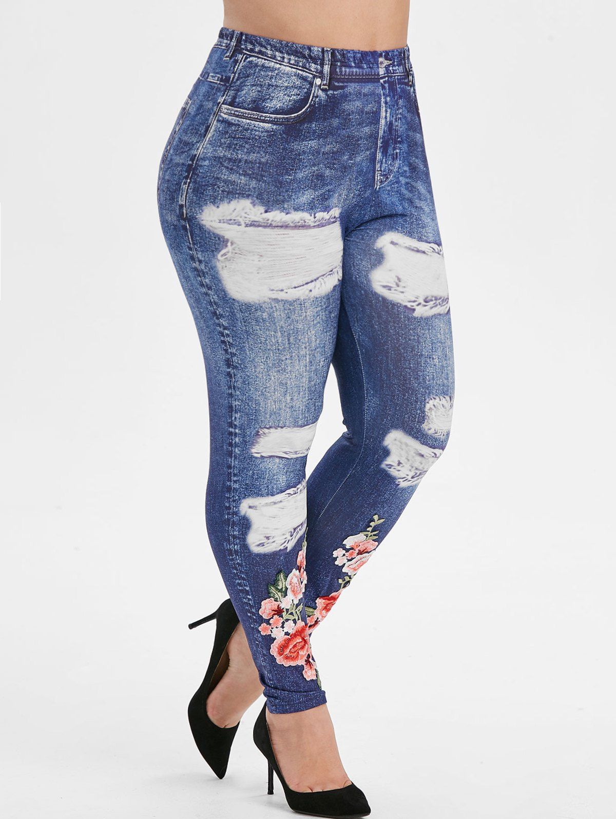 

High Waisted 3D Printed Floral Applique Plus Size Jeggings, Blue